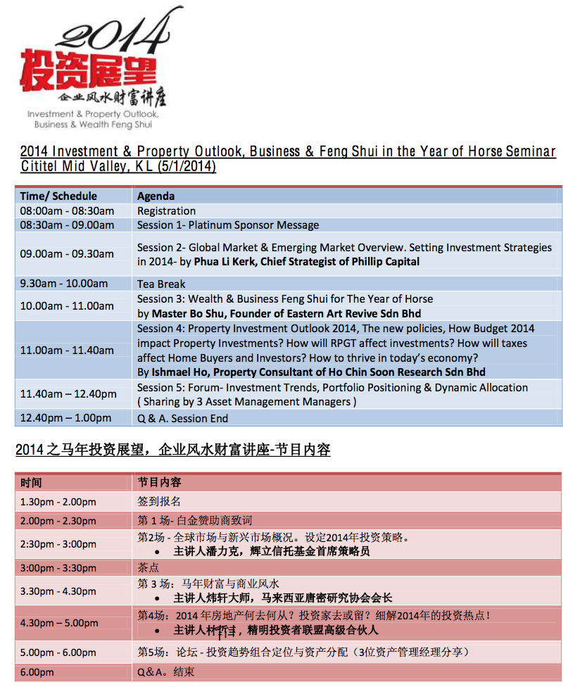 2014 Investment & Property Outlook, Business & Wealth Feng Shui Seminar Agenda 2014 Investment & Property Outlook, Business & Wealth Feng Shui Seminar Agenda
